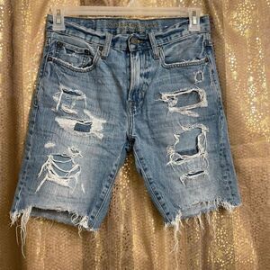 American Eagle upcycled cutoff distressed bermuda shorts, size 28 or S